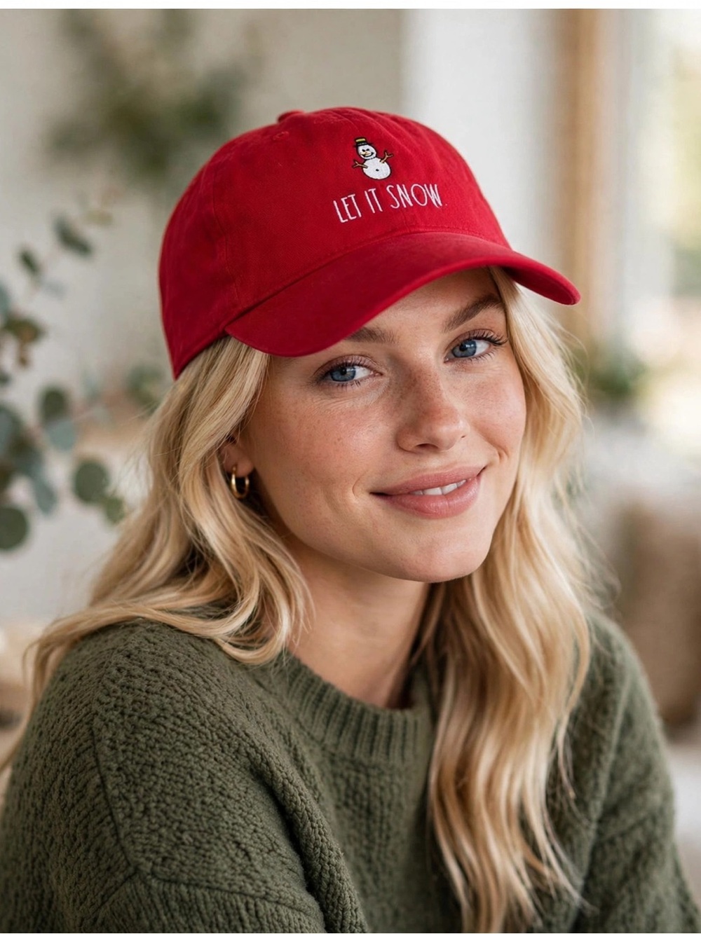 Rae Dunn Let It Snow Snowman Red Baseball Cap